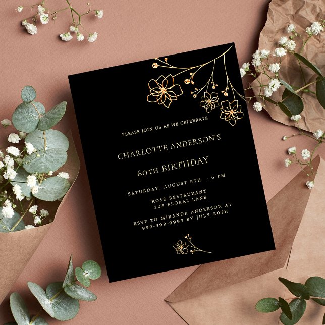 Papier Anniversaire noir or floral budget invitation (Créateur téléchargé)