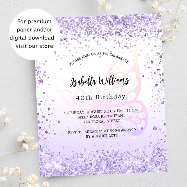 Papier Anniversaire papillon violet invitation budgétaire (Créateur téléchargé)