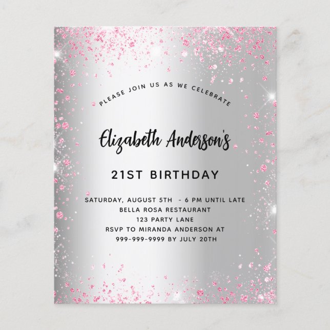 Papier Anniversaire parties scintillant rose argent invit (Devant)