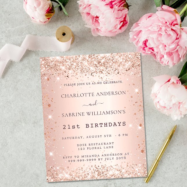 Papier Anniversaire rose or deux personnes invitation bud (Créateur téléchargé)