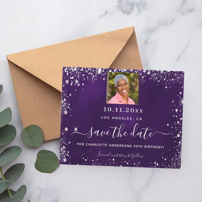 Papier Anniversaire violet argent photo enregistrer la ca (Créateur téléchargé)