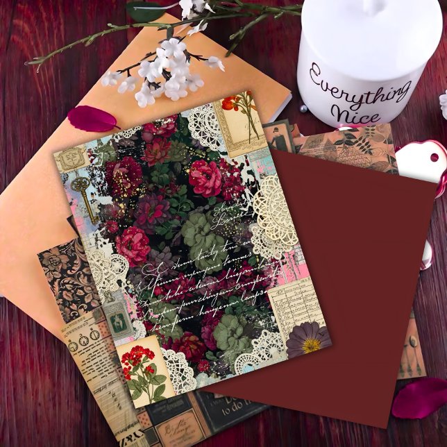 Papier Antique Burgundy Botanica Collage Scrapbook Paper (Créateur téléchargé)