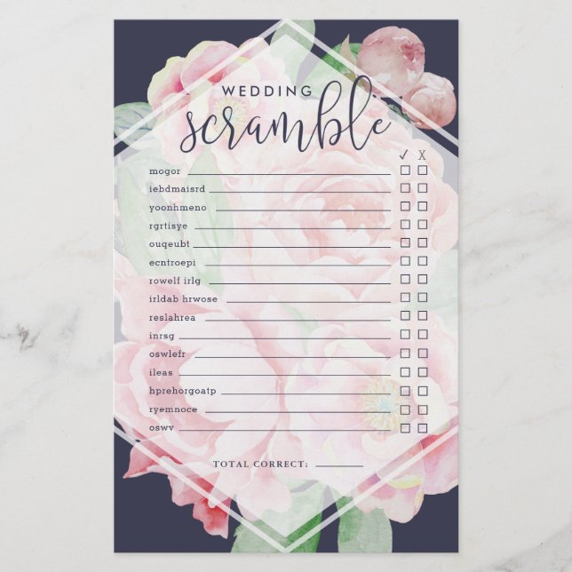 Papier Antique Peony | Fête des mariées Jeu Word Scramble (Devant)