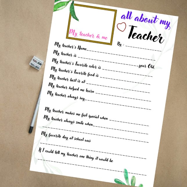 Papier Apprentissage de l'enseignant à propos de mon prof (Créateur téléchargé)