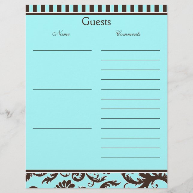 Papier Aqua, Brown, White Stripe Damask Livre d'or (Devant)