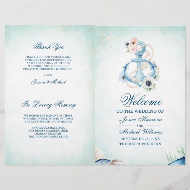Papier Aquarelle Ancre Florale Starfish Beach Mariage (Devant)