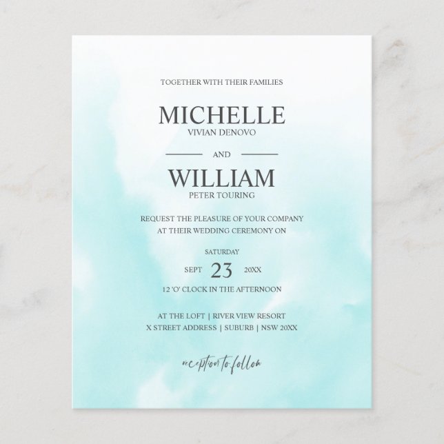 Papier Aquarelle Aqua Plain Élégant Mariage Budget (Devant)