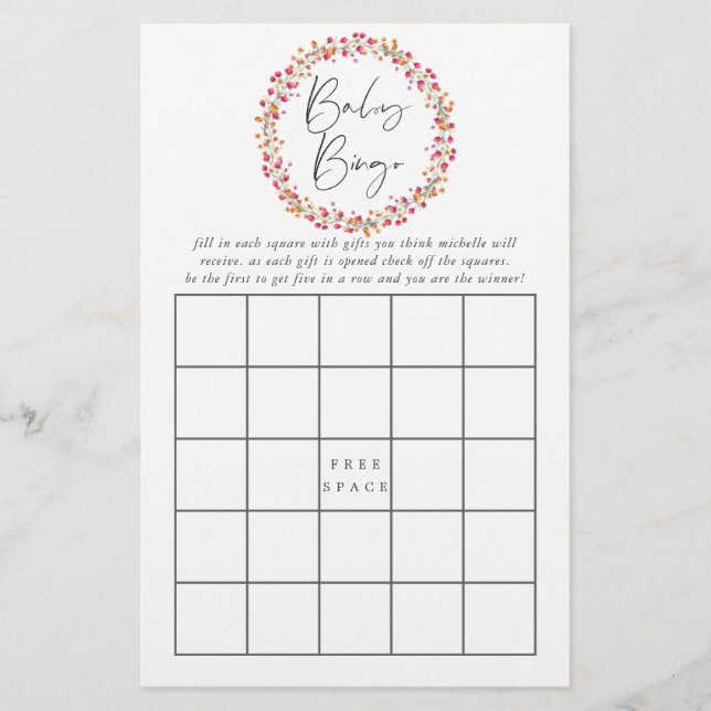 Papier Aquarelle Aquarelle Wild Flower Baby shower Bingo (Devant)
