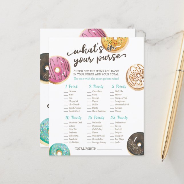 Papier Aquarelle Baby shower Donut Whats in Purse Game (Devant/Arrière en situation)