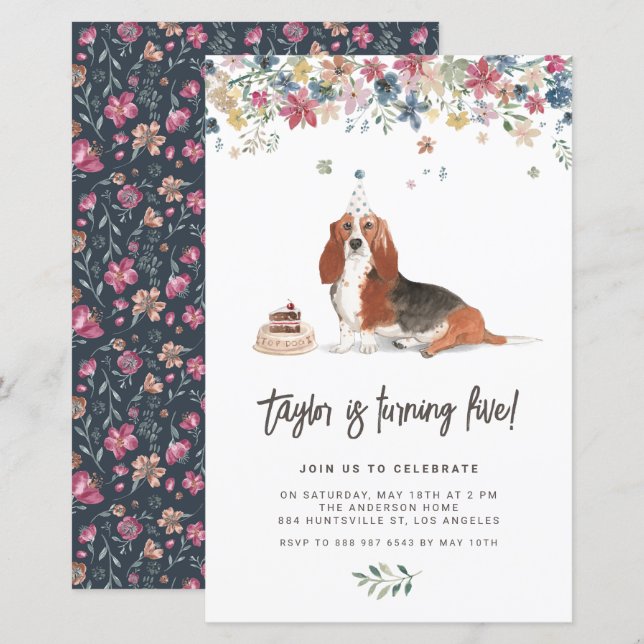 Papier Aquarelle Basset Hound Chien Invitation Anniversai (Devant / Derrière)