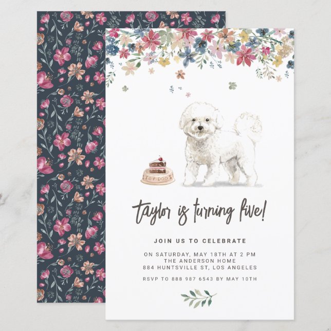 Papier Aquarelle Bichon Frise Chien Invitation Anniversai (Devant / Derrière)