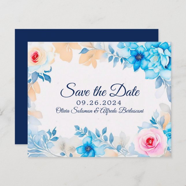 Papier Aquarelle bleu marine floral Enregistrer la date (Devant / Derrière)
