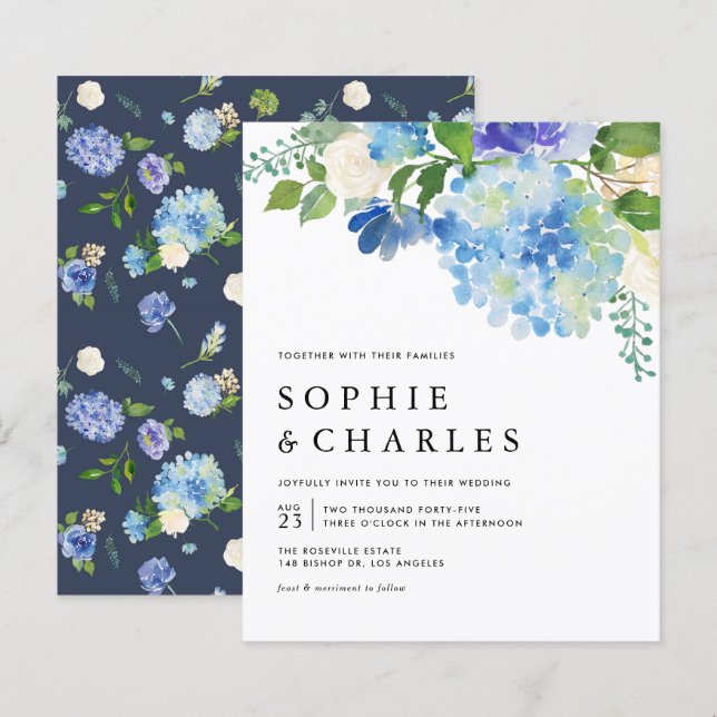Papier Aquarelle bleue Hydrangea Faire-part de mariage (Devant / Derrière)