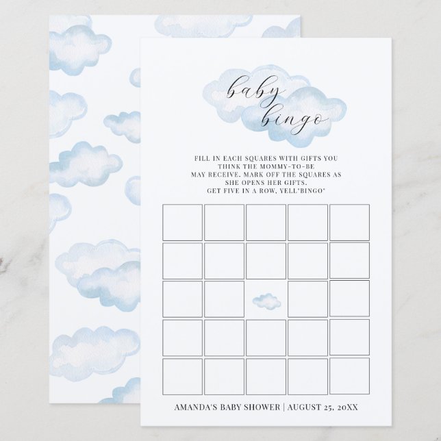 Papier Aquarelle Blue Cloud Baby shower bébé Bingo (Devant / Derrière)