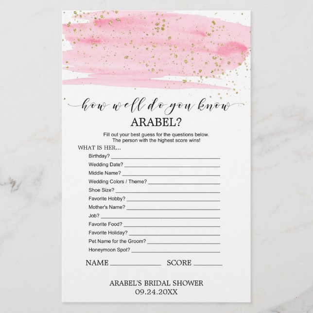 Papier Aquarelle Blush & Gold What's In Your Purse Game (Devant)