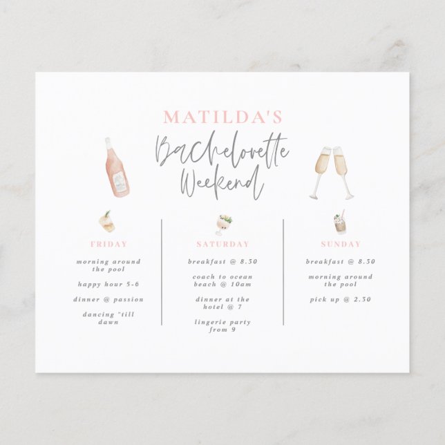 Papier aquarelle boisson rose girly bachelorette itinérai (Dos)