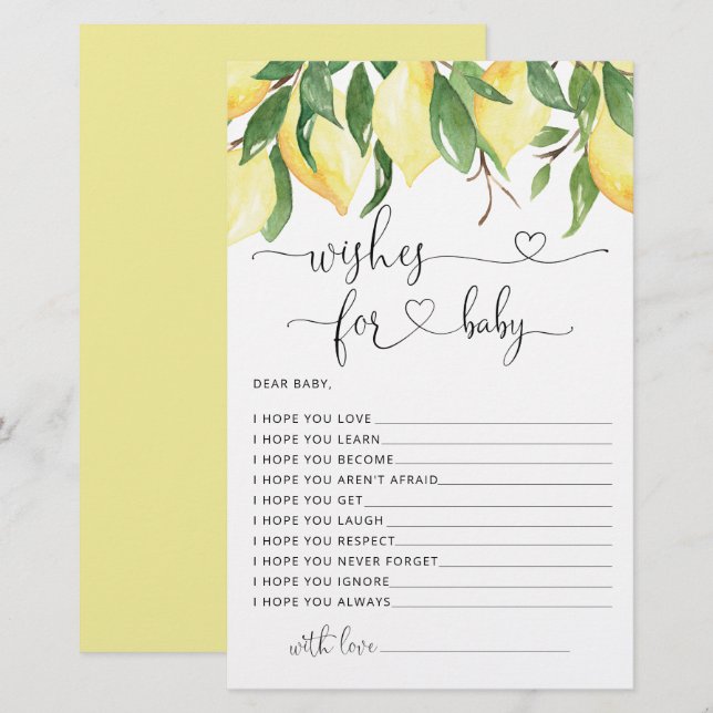 Papier Aquarelle Citron Baby shower Waches for Baby Card (Devant / Derrière)