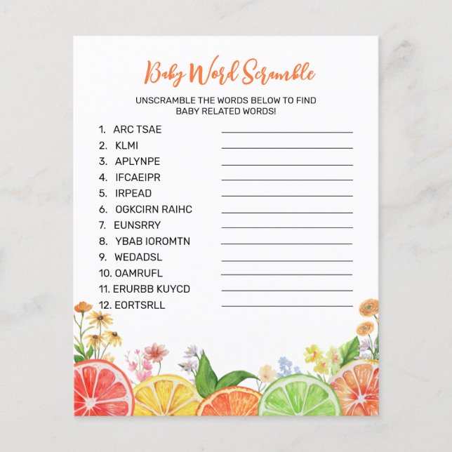 Papier Aquarelle Citrus Baby shower Word Scramble Jeu (Devant)