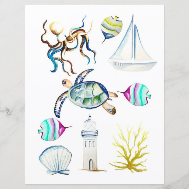 Papier Aquarelle éléments océaniques à découper et coller (Devant)