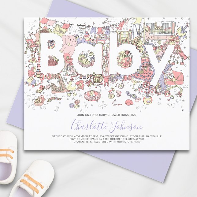 Papier Aquarelle Elephant Purple Budget (Cute elephant pink and purple baby shower invitation )