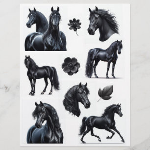 Papier Aquarelle étonnante Chevaux noirs et fleurs