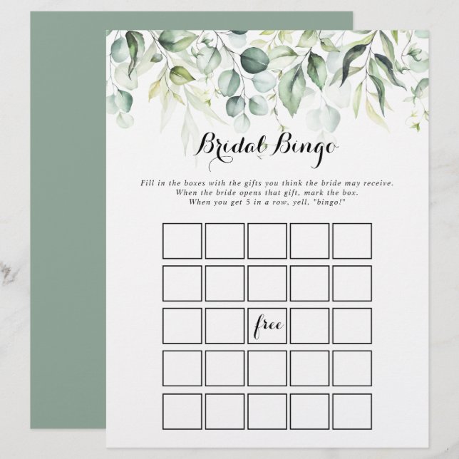 Papier Aquarelle Eucalyptus Green Bridal Bingo Jeu (Devant / Derrière)