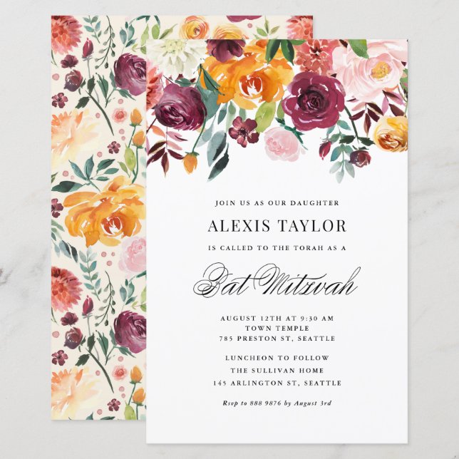 Papier Aquarelle Fleurs d'automne Invitation Bat mitzvah (Devant / Derrière)