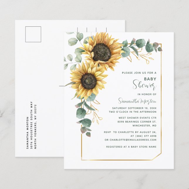 Papier Aquarelle Floral Baby shower de tournesol Invitati (Devant / Derrière)
