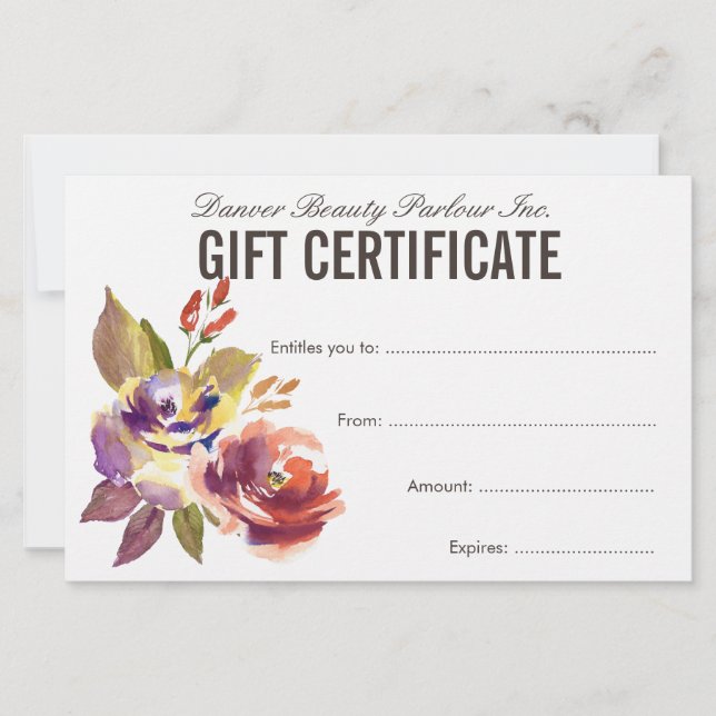 Papier Aquarelle Floral Beauté Salon Certificat cadeau (Devant)