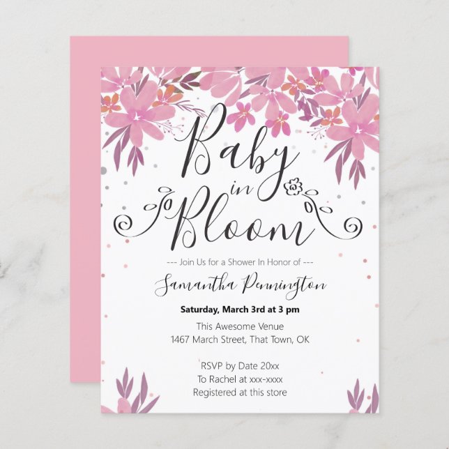 Papier Aquarelle Floral Fancy Script bébé en Fleur (Devant / Derrière)