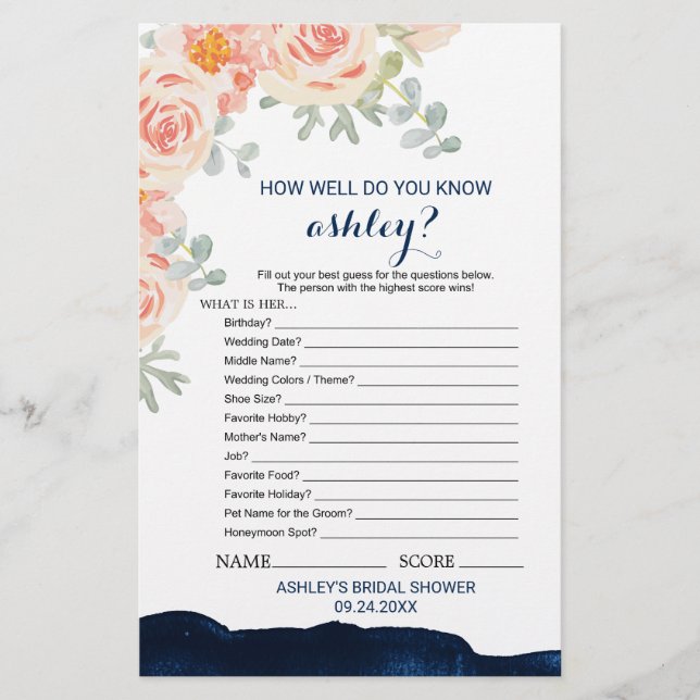 Papier Aquarelle Floral & Navy What's In Your Purse Game (Devant)