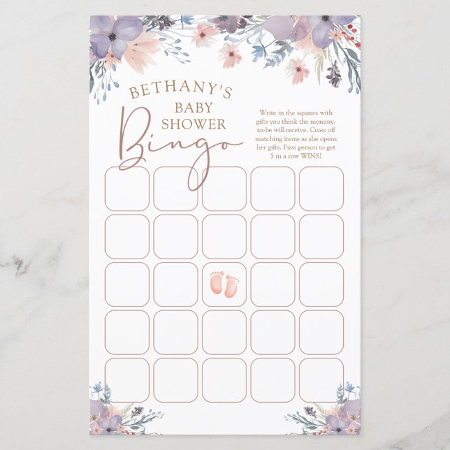 Papier Aquarelle Floral Violet Baby shower Bingo (Devant)