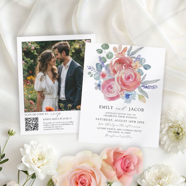 Papier Aquarelle florale rose budget QR Code Mariage (Créateur téléchargé)