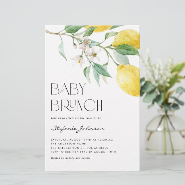 Papier Aquarelle Lemon Summer Baby Brunch Invitation (Debout devant)