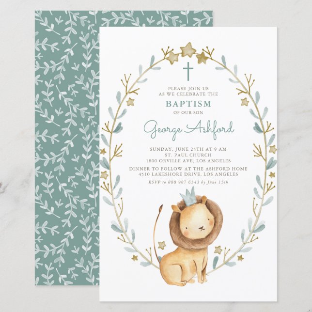 Papier Aquarelle Lion Prince Baby Boy Baptism Invitation (Devant / Derrière)