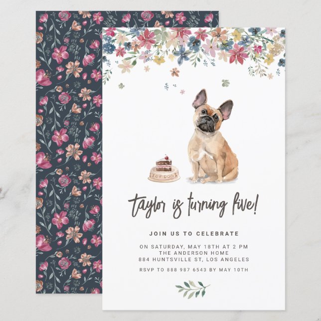 Papier Aquarelle mignonne French Bulldog Invitation d'ann (Devant / Derrière)