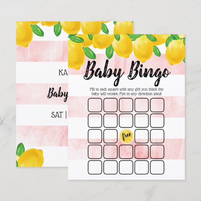 Papier Aquarelle moderne citron Baby shower Bingo (Devant / Derrière)