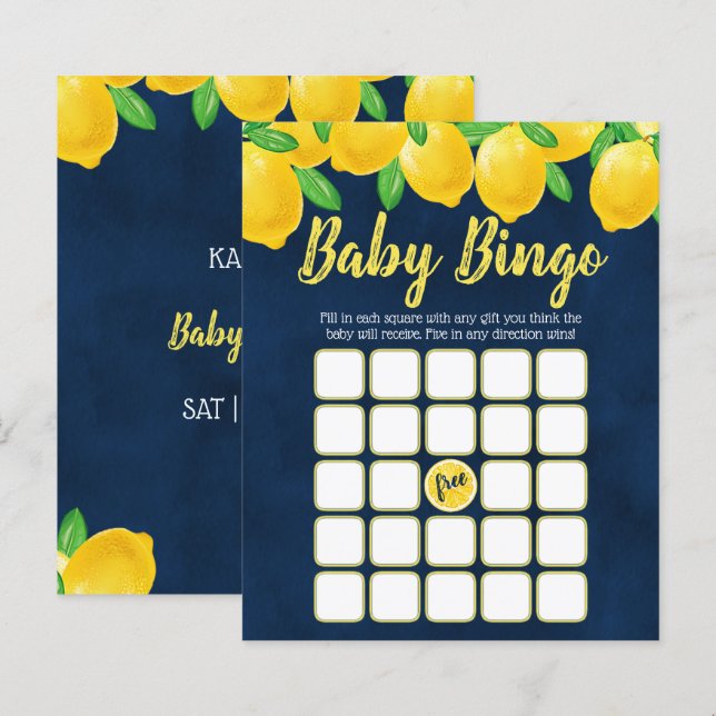 Papier Aquarelle moderne citron Baby shower Bingo (Devant / Derrière)