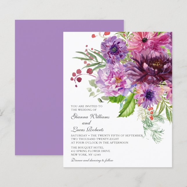 Papier Aquarelle monochrome violet budget Mariage (Devant / Derrière)