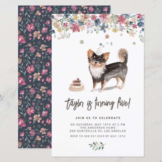 Papier Aquarelle Noir Chihuahua Chien Invitation Annivers (Devant / Derrière)