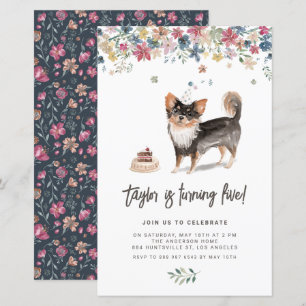 Papier Aquarelle Noir Chihuahua Chien Invitation Annivers