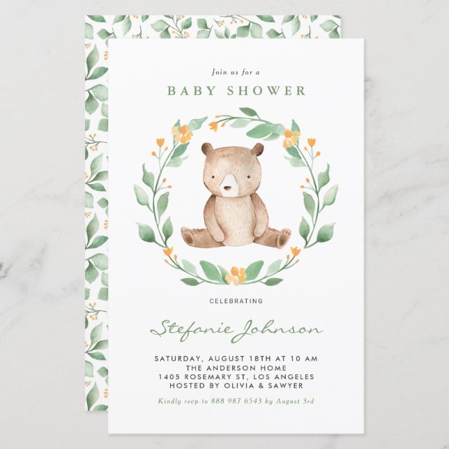 Papier Aquarelle Ours Vert Baby shower Invitation (Devant / Derrière)