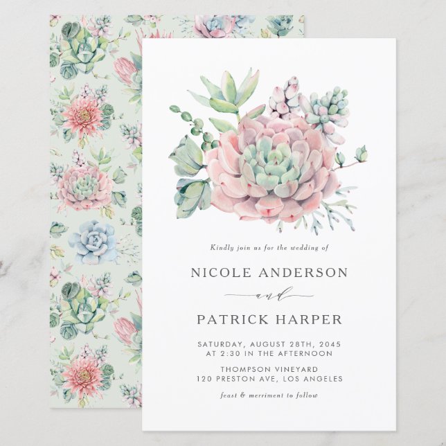 Papier Aquarelle Pastel Succulents Faire-part de mariage (Devant / Derrière)