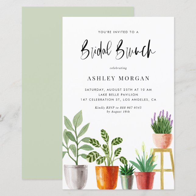 Papier Aquarelle Plante Pointe Invitation de Brunch (Devant / Derrière)
