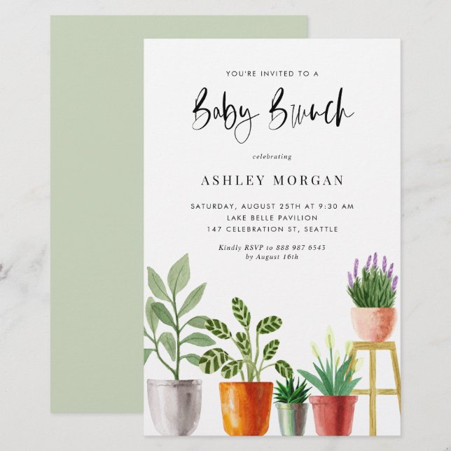 Papier Aquarelle Poted Plantes Baby Brunch Invitation (Devant / Derrière)
