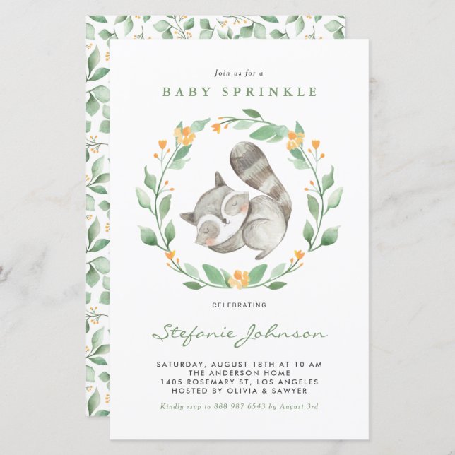 Papier Aquarelle Raccoon Vert Baby Sprinkle Invitation (Devant / Derrière)