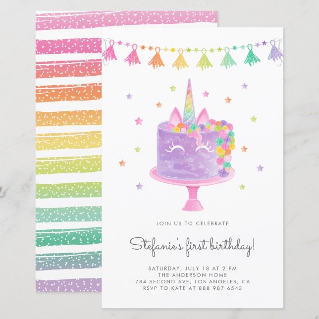 Papier Aquarelle Rainbow Unicorn Cake Invitation d'annive (Devant / Derrière)