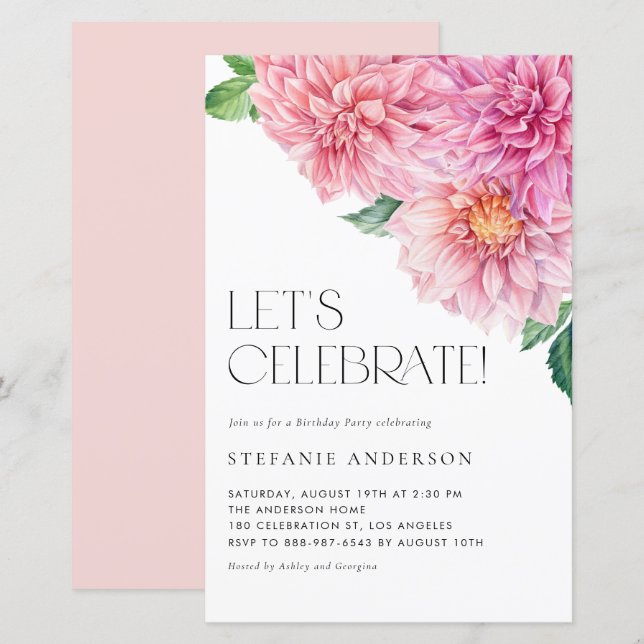 Papier Aquarelle rose Dahlia Invitation de fête d'anniver (Devant / Derrière)