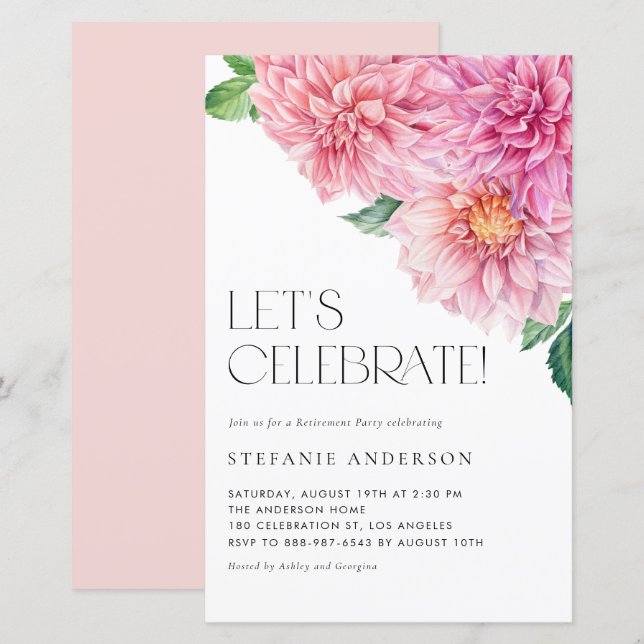 Papier Aquarelle rose Dahlia Retraite Party Invitation (Devant / Derrière)