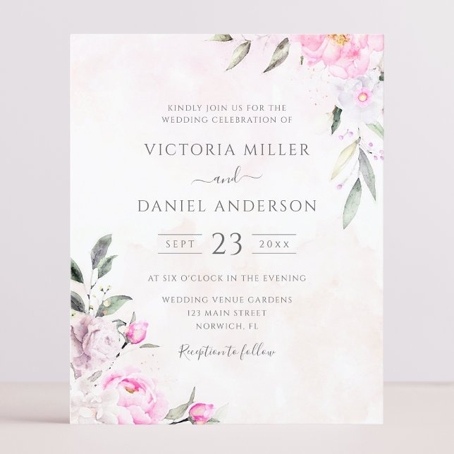 Papier Aquarelle rose Floral Élégant Mariage Invitation (Créateur téléchargé)